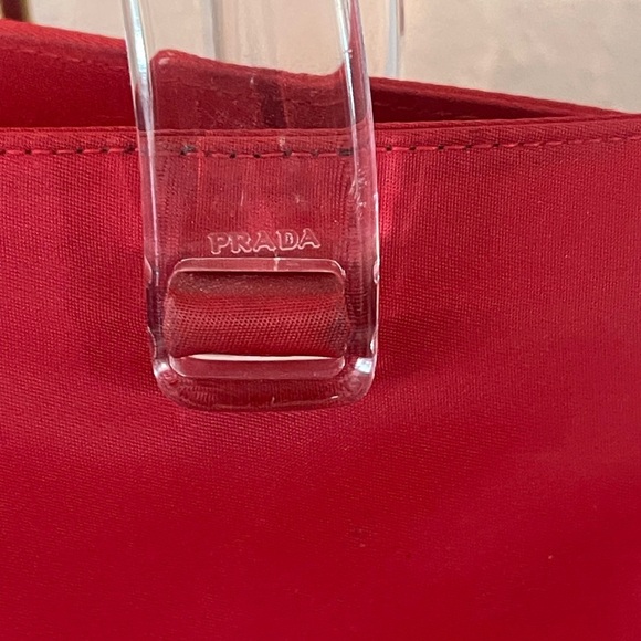 Prada Tesseto Nylon Triangle Red Tote with Transparent Handles - Picture 2 of 8